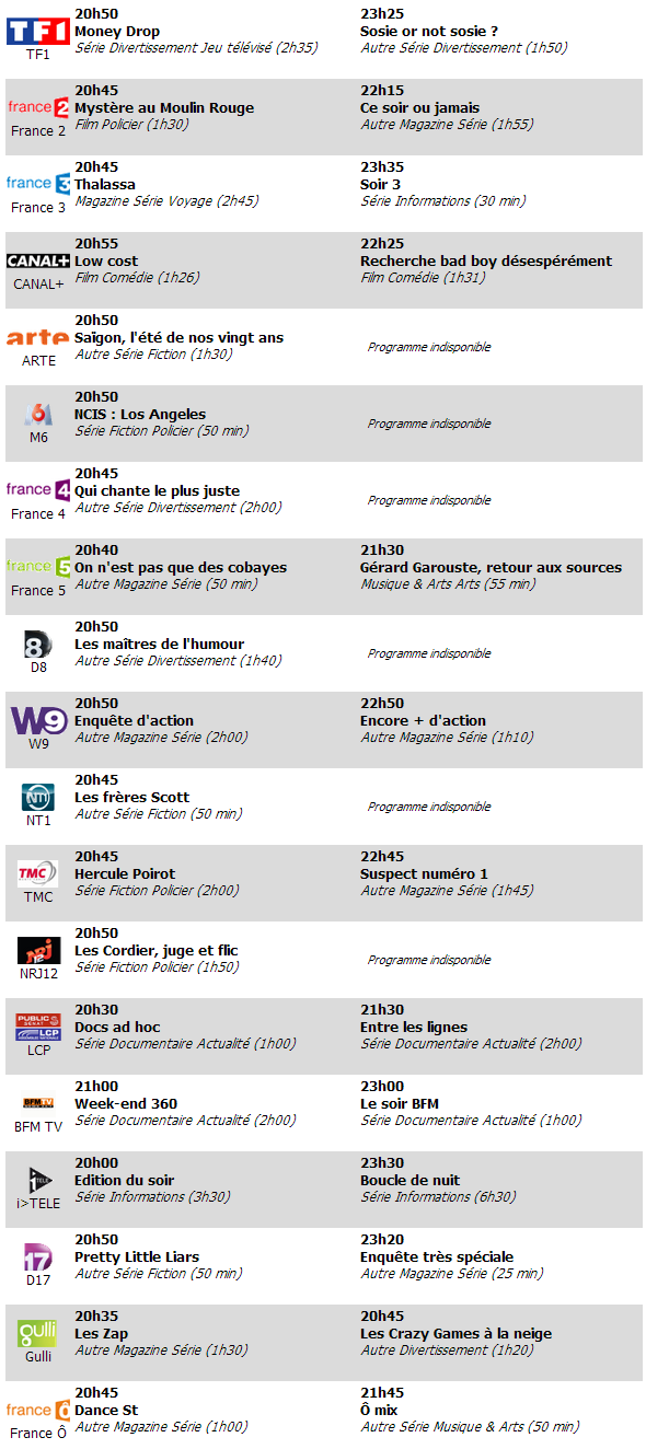 vendredi soir programme tv