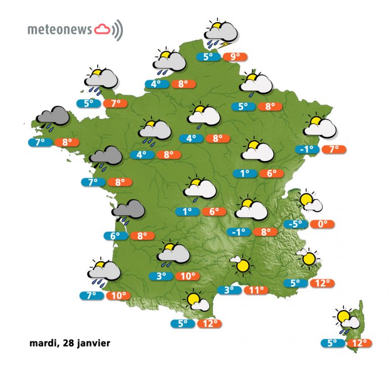 Prévisions météo (France) du mardi 28 janvier