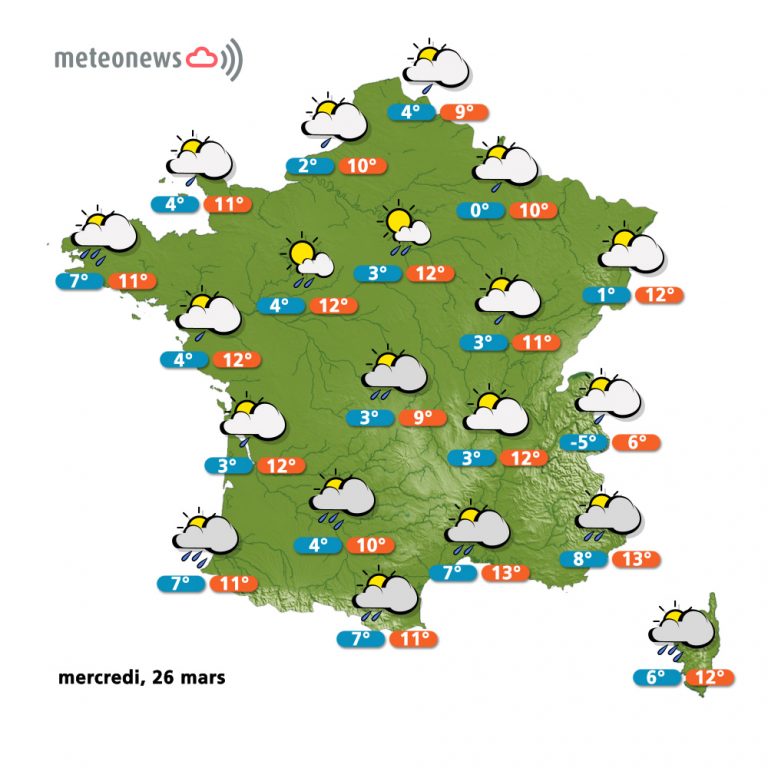 Prévisions météo (France) du mercredi 26 mars