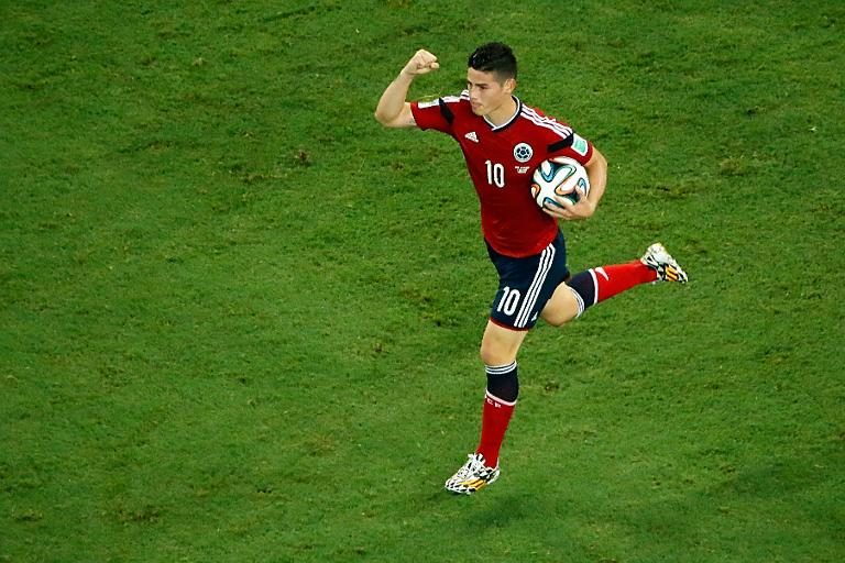 Le milieu de terrain de la Colombie James Rodriguez vient d'inscrire son 6e but de la Coupe du Monde 2014, lors des quarts de finale contre le Brésil, le 4 juillet 2014 à Fortaleza. 