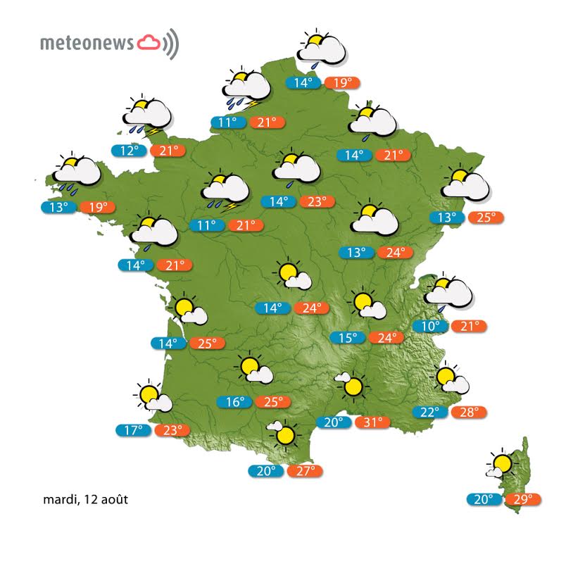 Prévisions météo France du mardi 12 août