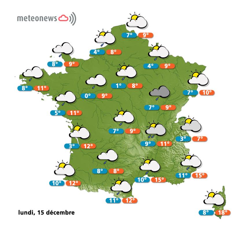 Prévisions météo France du lundi 15 décembre