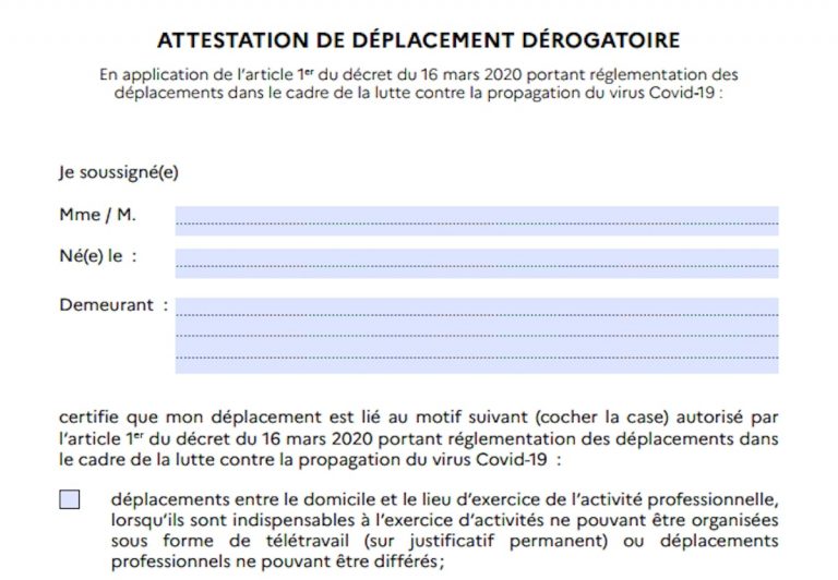 coronavirus attestation de déplacement