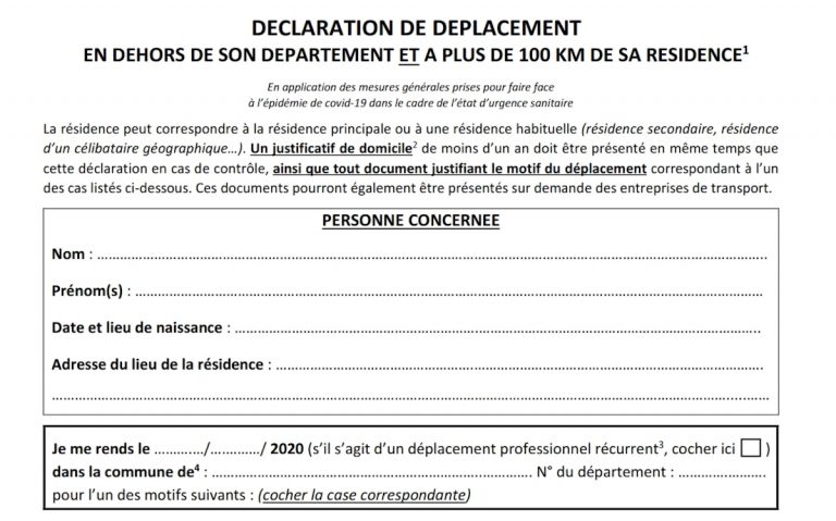 déclaration déplacement coronavirus 100 km